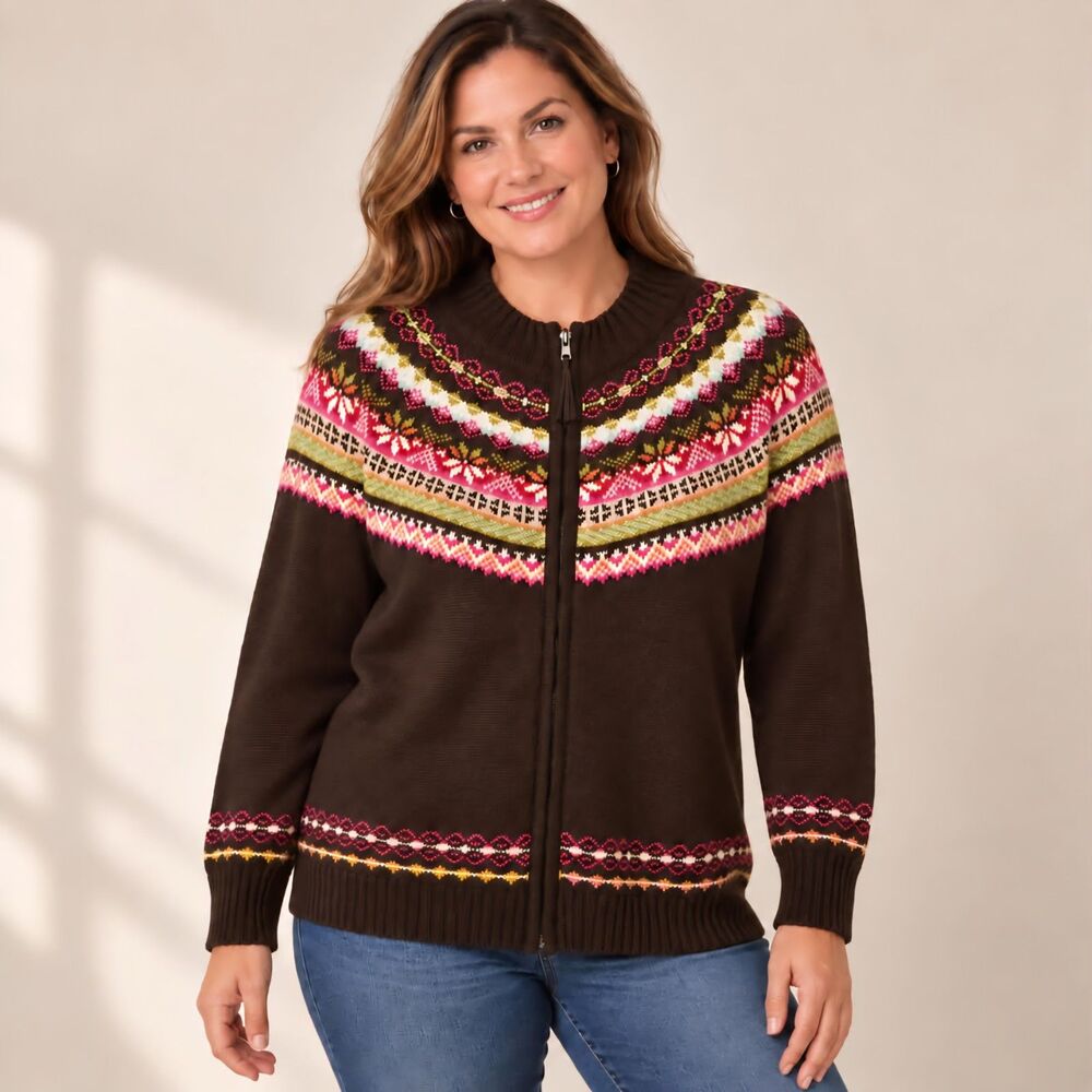 Vintage Y2K Tiara International Fair Isle Zip Up Cardigan Sweater Size 1X Nordic